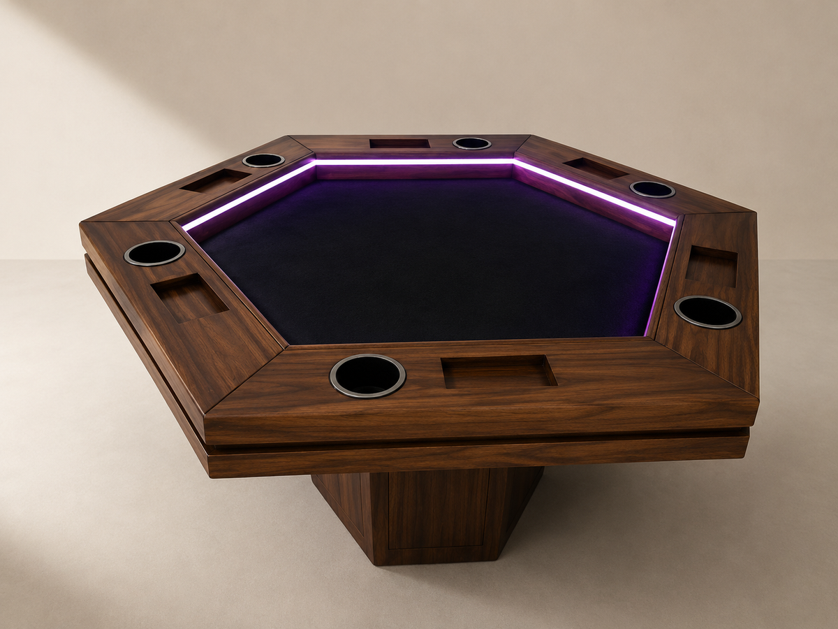 MESA HEXAGONAL PREMIUM EN MADERA DE PAROTA | EDICIÓN ESPECIAL POKER | 6 PERSONAS.