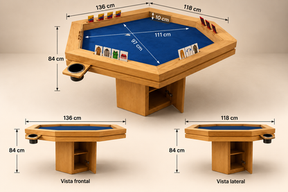 Mesa de juegos/Comedor Hexagonal Imperial | Madera de ENCINO AMERICANO SIN LUZ LED para 6 personas.