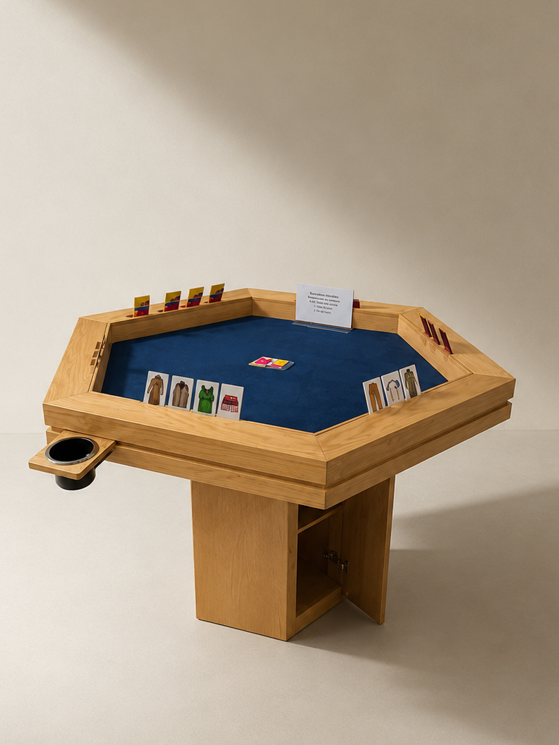 Mesa de juegos/Comedor Hexagonal Imperial | Madera de ENCINO AMERICANO SIN LUZ LED para 6 personas.